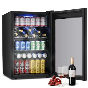 Auseo 4.5 Cu.ft Beverage Refrigerator and Cooler, 145 Can Mini Fridge Glass Door for Soda,Beer or Wine, Drink Dispenser Cooler for Home&Office or Bar (Black)