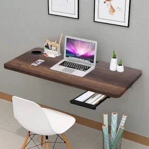 Solid Wood Wall Mounted Round Corner Folding Study Table Wall Mount Table with Drawer Foldable Laptop Desk for Home and Office Computer DarkOak