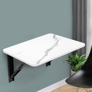 Wall Mounted Table (24 x 15.5 In) Small Space Foldable Utility Table, Multi Functional for Study, Office, Laptop, Kitchen Marble Style Finish Wall Brackets (L 2X W 1.3 ft) White Marble